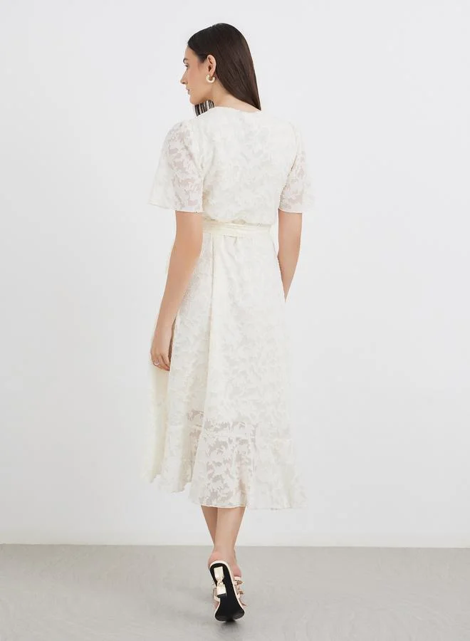 Styli Styli Floral Jacquard Detail Wrap Midi Dress