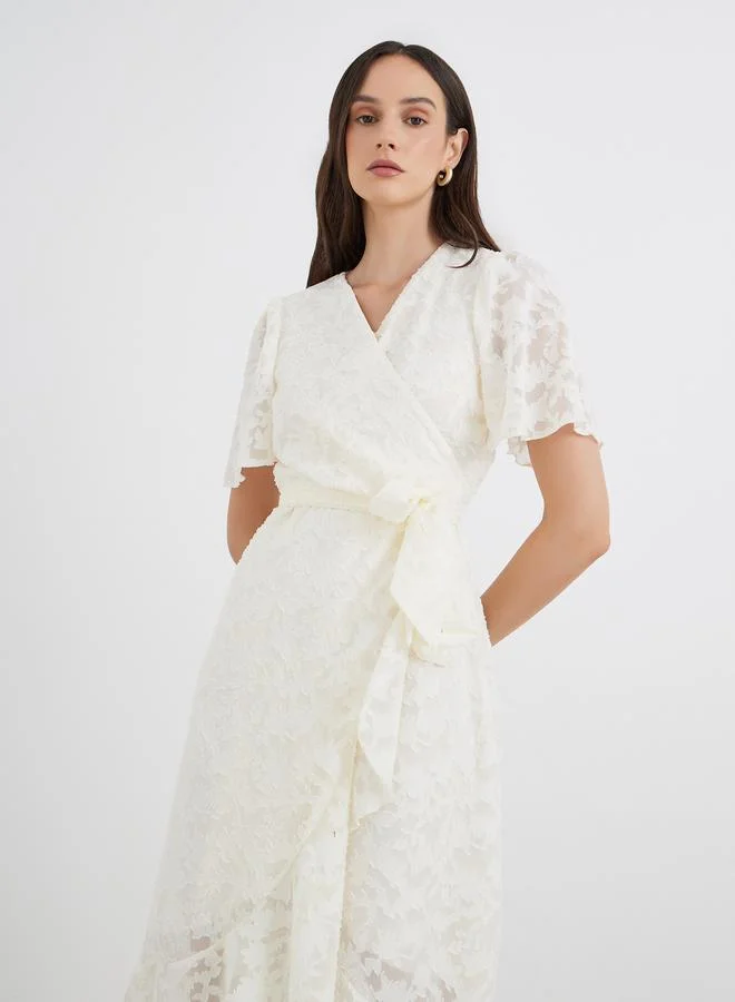 Styli Styli Floral Jacquard Detail Wrap Midi Dress