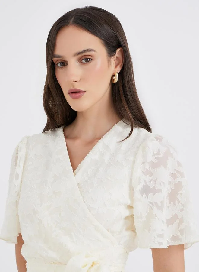 Styli Styli Floral Jacquard Detail Wrap Midi Dress