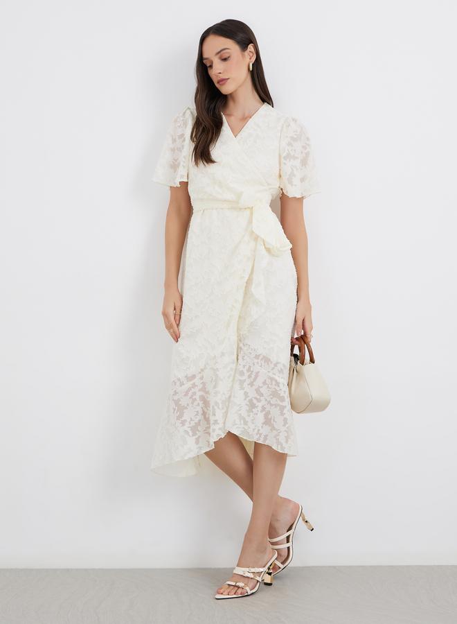 Styli Floral Jacquard Detail Wrap Midi Dress - Image 1