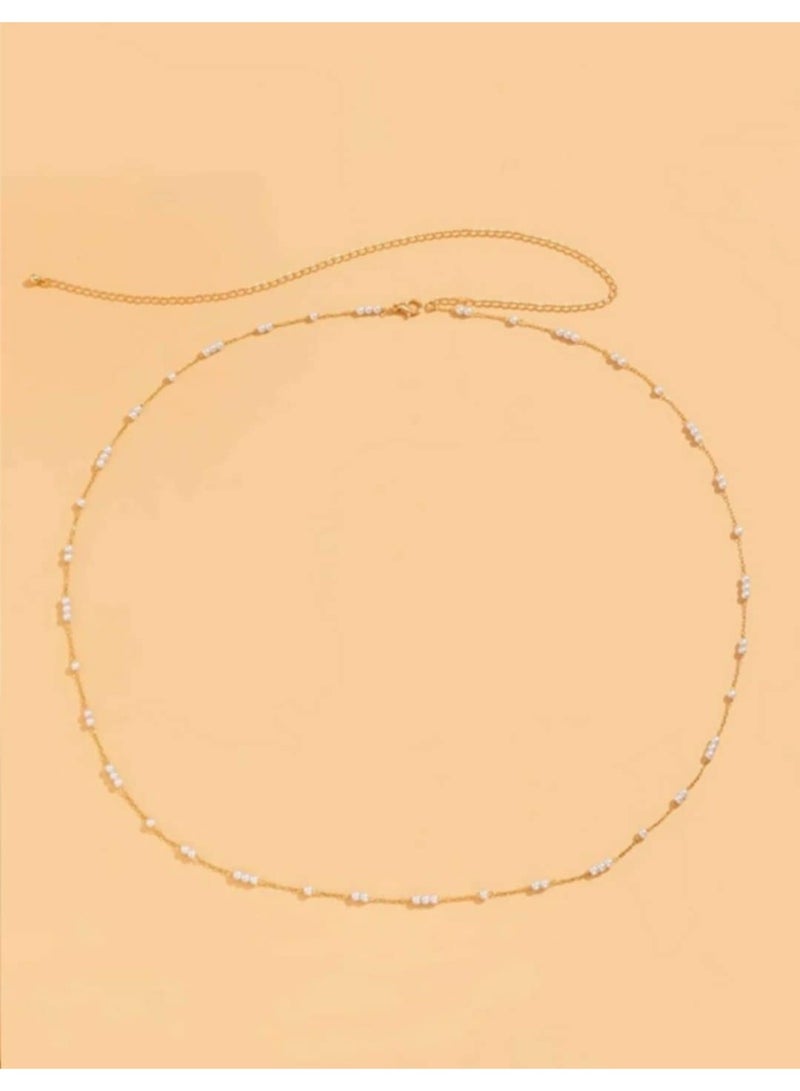 RA accessories Women's Belly Chain of off white pearls with Golden Chain - Image 2