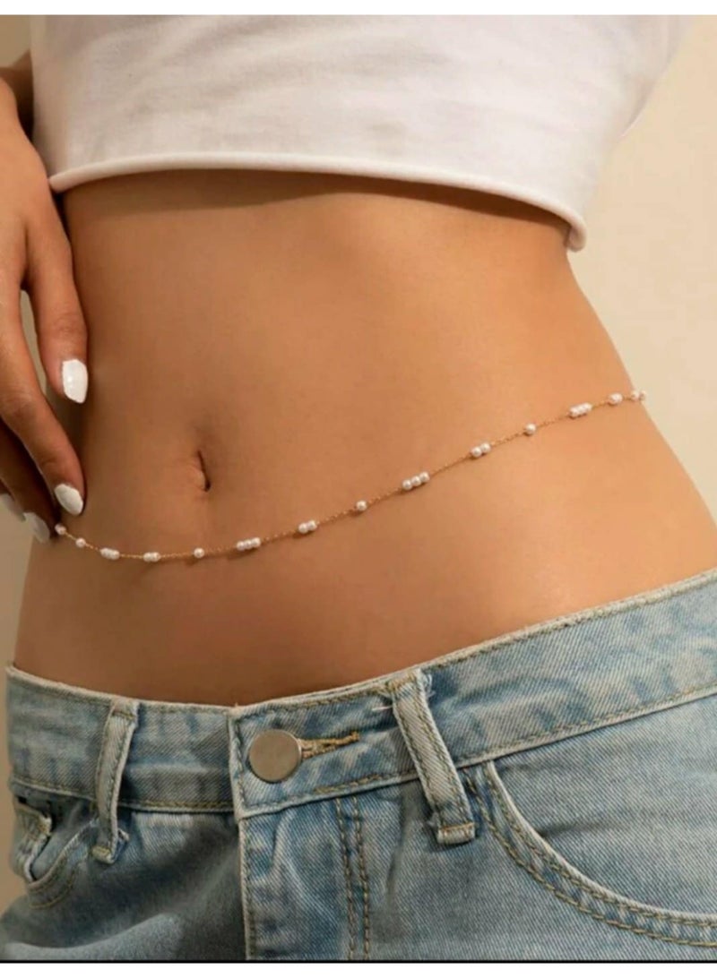 RA accessories Women's Belly Chain of off white pearls with Golden Chain - Image 1