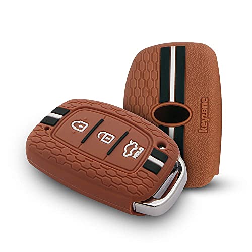 Keyzone® Striped Silicone Key Cover Compatible for i10 Grand, i20 Elite, i20 Active, Xcent, Verna 4s, Tucson, Elantra, Grand i10 Nios (3 Button Smart Key, Brown) - Image 1