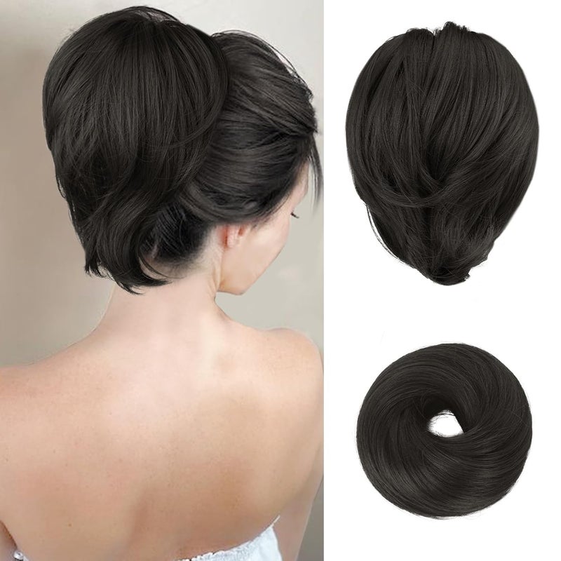 BARSDAR Straight Hair Bun Extensions Short Black Ponytail Hair Bun Extensions for Women Synthetic Fully Messy Bun Hair Extensions Elastic Hair Bun Scrunchies Hairpieces  Natural Black