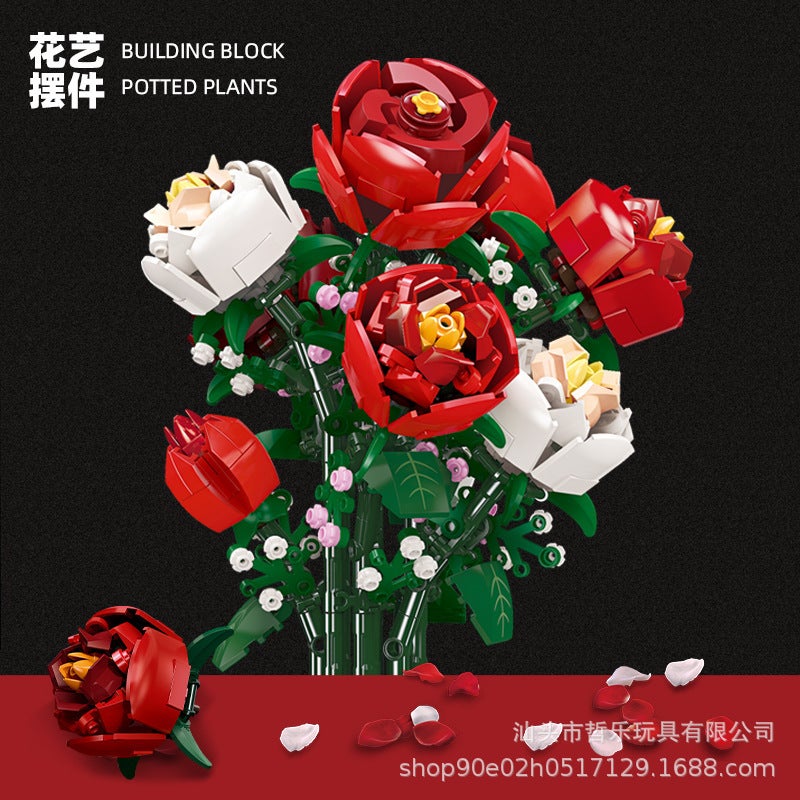 Rose Bouquet Plant Potted Ornaments Boys And Girls Gift Toys Compatible Lego Small Particles Building Blocks Sale - Image 4