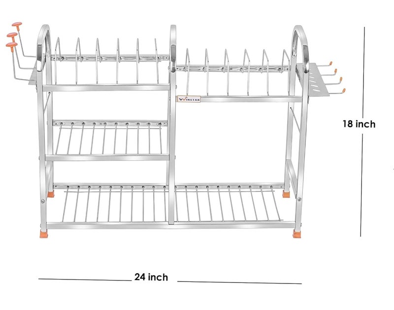 WINSTAR Stainless Steel 3 Shelf Wall Mount Kitchen Utensils Rack | Dish Rack with Plate & Cutlery Stand | Modular Kitchen Storage Rack | Kitchen Organizer | 18 H x 24 L inches (Upper Plate) - Image 3
