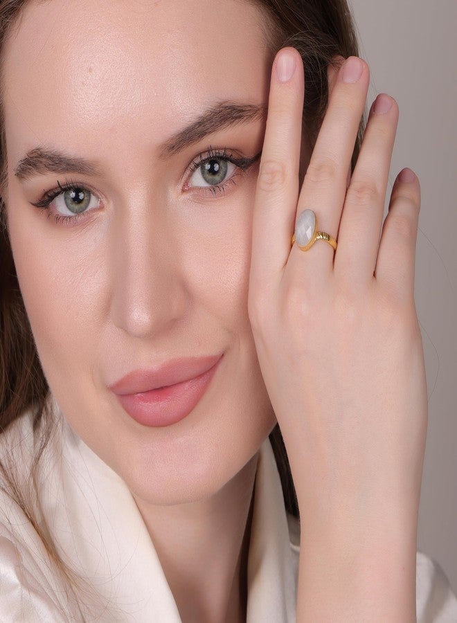 Dua Rainbow Moonstone Gold-Plated Adjustable Oval Ring – White Gemstone Jewelry for Women & Girls - Image 3