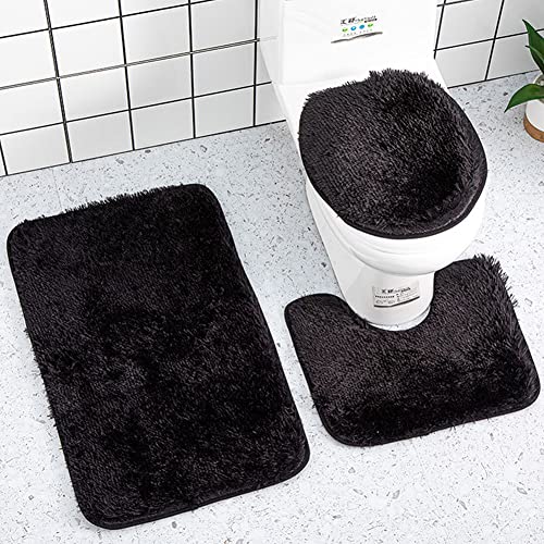 Reyox 3 Pieces Shaggy Bath Mat Set, Soft Absorbent Plush Microfiber Bathroom Rugs, Non Slip Bath Rugs Black 3 PCS - Image 2