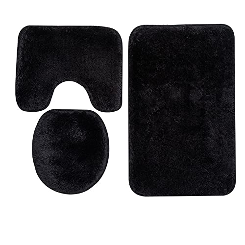 Reyox 3 Pieces Shaggy Bath Mat Set, Soft Absorbent Plush Microfiber Bathroom Rugs, Non Slip Bath Rugs Black 3 PCS - Image 1