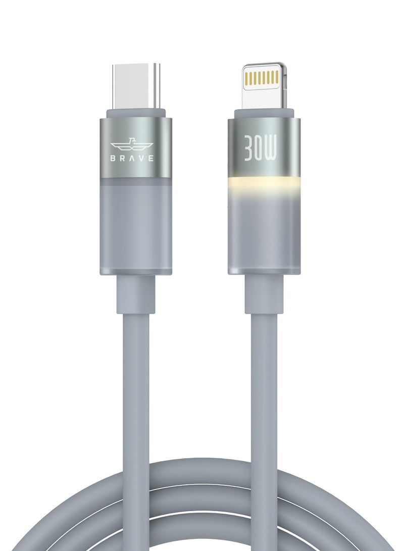 Brave 30W Turbo Fast Charging USB C to Lightning Cable for iPhone - Ultra Durable Silicone, Smooth Fast Charging, 480Mbps Data Transfer, Smart E-Marker, LED Light, Compatible with iPhone 14 Pro Max, 14 Pro, 14 Plus, 13, 12 Series - High Speed ​​USB C to Lightning Cable - Image 1