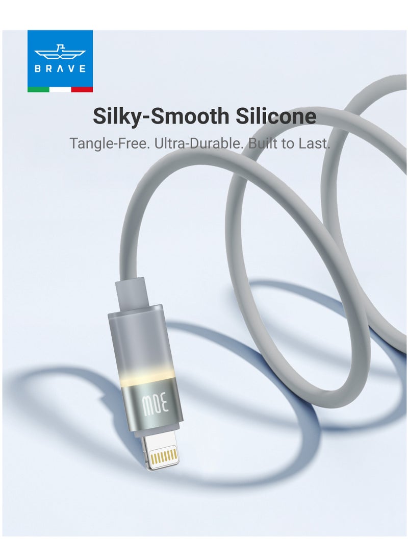 Brave 30W Turbo Fast Charging USB C to Lightning Cable for iPhone - Ultra Durable Silicone, Smooth Fast Charging, 480Mbps Data Transfer, Smart E-Marker, LED Light, Compatible with iPhone 14 Pro Max, 14 Pro, 14 Plus, 13, 12 Series - High Speed ​​USB C to Lightning Cable - Image 3