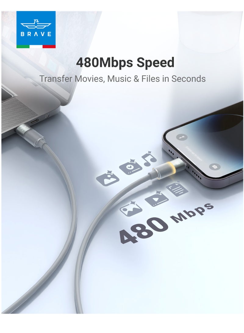 Brave 30W Turbo Fast Charging USB C to Lightning Cable for iPhone - Ultra Durable Silicone, Smooth Fast Charging, 480Mbps Data Transfer, Smart E-Marker, LED Light, Compatible with iPhone 14 Pro Max, 14 Pro, 14 Plus, 13, 12 Series - High Speed ​​USB C to Lightning Cable - Image 4