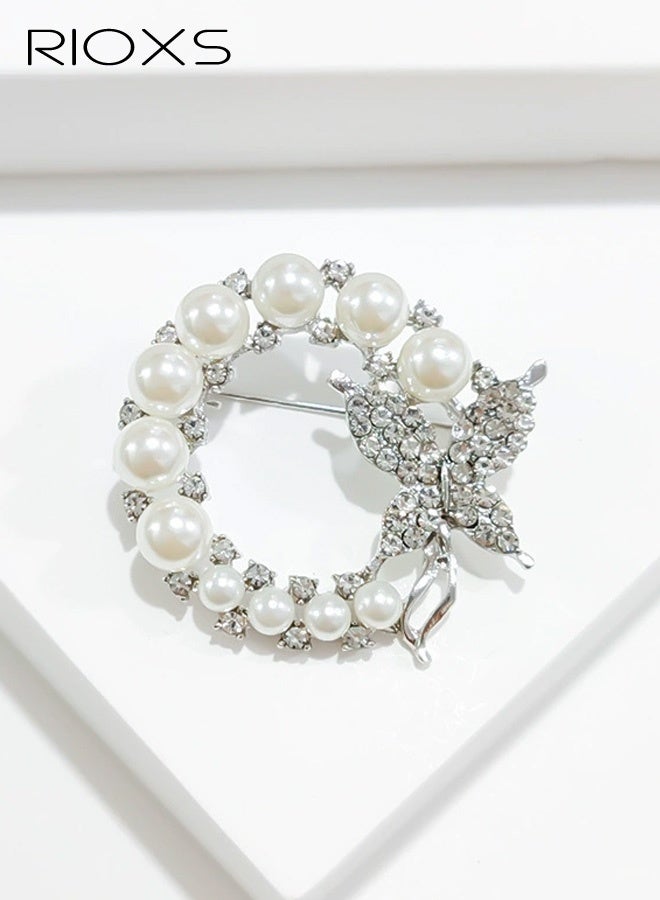 ريوكس دبوس بروش على شكل فراشة من اللؤلؤ، دبوس إكليل على شكل فراشة، دبوس أمان لزينة الزفاف والزفاف للنساء، دبوس بروش مرصع بأحجار الراين الكريستالية شارة دبابيس الياقة والصدرية للقمصان والمعاطف - ذهبي وفضي - Image 1