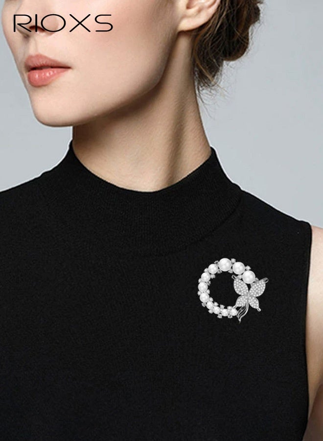 ريوكس دبوس بروش على شكل فراشة من اللؤلؤ، دبوس إكليل على شكل فراشة، دبوس أمان لزينة الزفاف والزفاف للنساء، دبوس بروش مرصع بأحجار الراين الكريستالية شارة دبابيس الياقة والصدرية للقمصان والمعاطف - ذهبي وفضي - Image 2