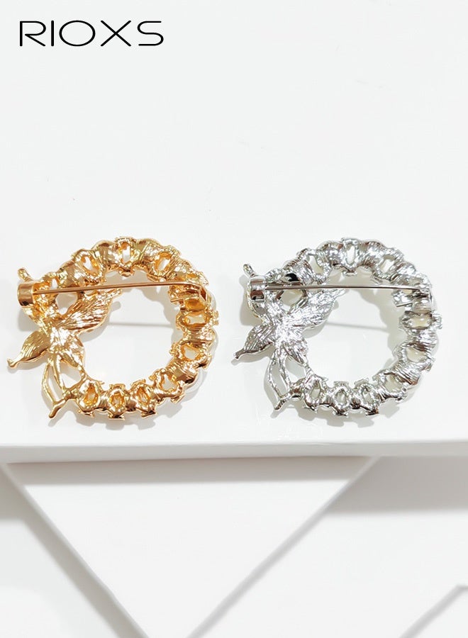 ريوكس دبوس بروش على شكل فراشة من اللؤلؤ، دبوس إكليل على شكل فراشة، دبوس أمان لزينة الزفاف والزفاف للنساء، دبوس بروش مرصع بأحجار الراين الكريستالية شارة دبابيس الياقة والصدرية للقمصان والمعاطف - ذهبي وفضي - Image 3