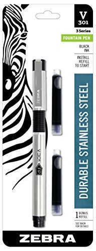 Zebra Pen V-301 Fountain Pen, Stainless-Steel Barrel, Fine Point, 0.7mm, Black Ink, 1-Pack with Refill (48111) - Image 4
