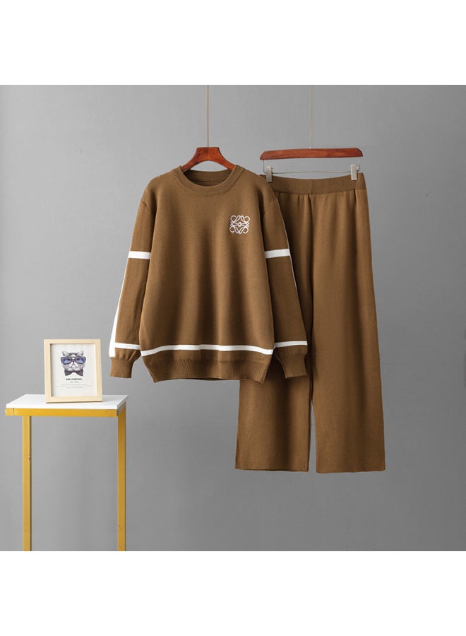 Fashion Woolen Suit New Contrast Color Knitted Top Wide Leg Pants Two-piece Sweater Trendy