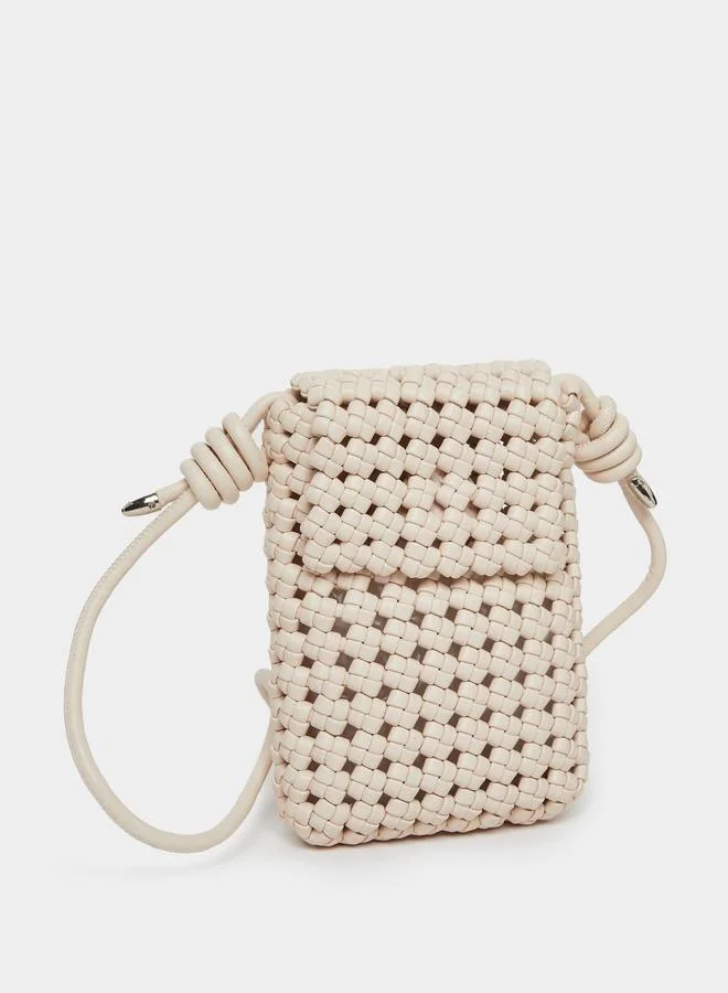 ستايلي Beige Woven Leather Crossbody Phone Bag
