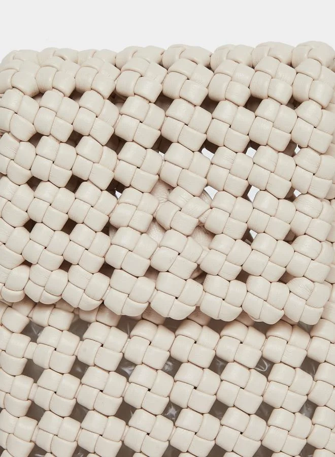 ستايلي Beige Woven Leather Crossbody Phone Bag