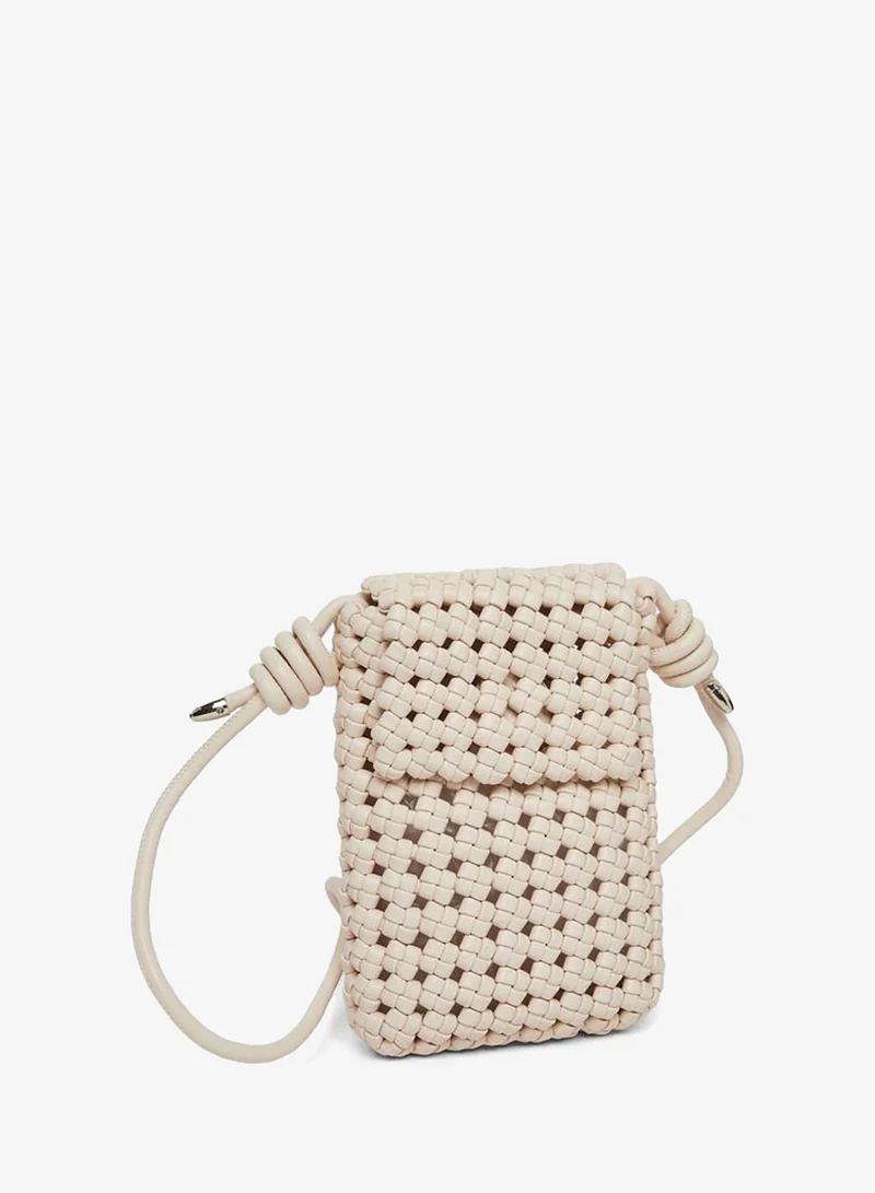 Styli Beige Woven Leather Crossbody Phone Bag