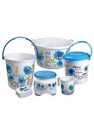 NAYASA Nayasa Printed Small Bathroom Plastic Bucket and Mug Set, 6-Pieces, Blue 