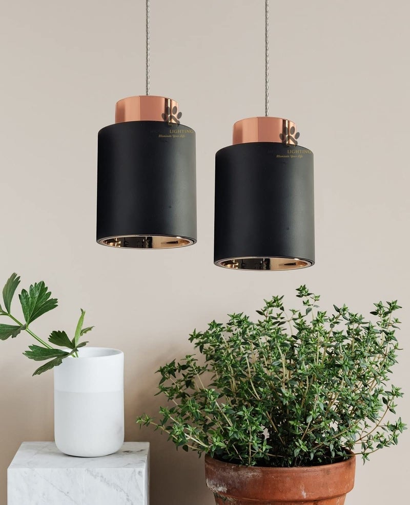 Mufasa 9 Watts Black Body Rose Gold Top with Golden Reflector Cylindrical Shape Hanging Spot Light Pendant Light for Bar, Dining Table, Workstation (Set of 2) (Yellow) - Image 1