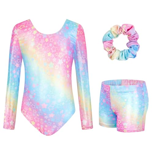 JiAmy Leotards for Girls Gymnastics Long Sleeve Sparkly Dance Biketards with Shorts Ballet Tumbling Outfit Star Colored 910 years - Image 1