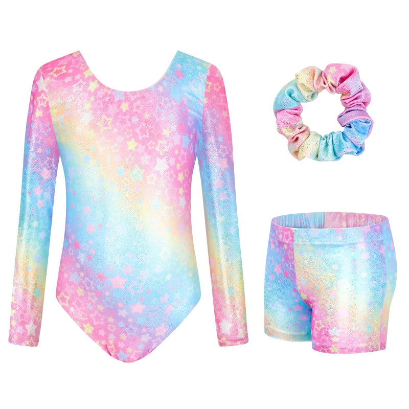 JiAmy Leotards for Girls Gymnastics Long Sleeve Sparkly Dance Biketards with Shorts Ballet Tumbling Outfit Star Colored 910 years - Image 2
