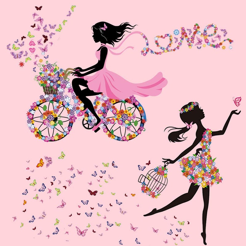 DEKOSH Girl Nursery Wall Decals Set of 2 Designs | Full Wall Multiple Designs Beautiful Girl with Flowers & Butterflies Decorative Wall Stickers for Girls Bedroom - Image 1