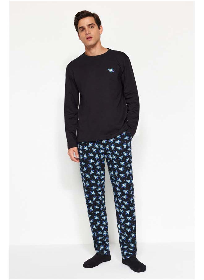 trendyol - Men's Black Printed Regular Fit Knitted 100% Cotton Pajama Set TMNAW24PT00011 - Image 1