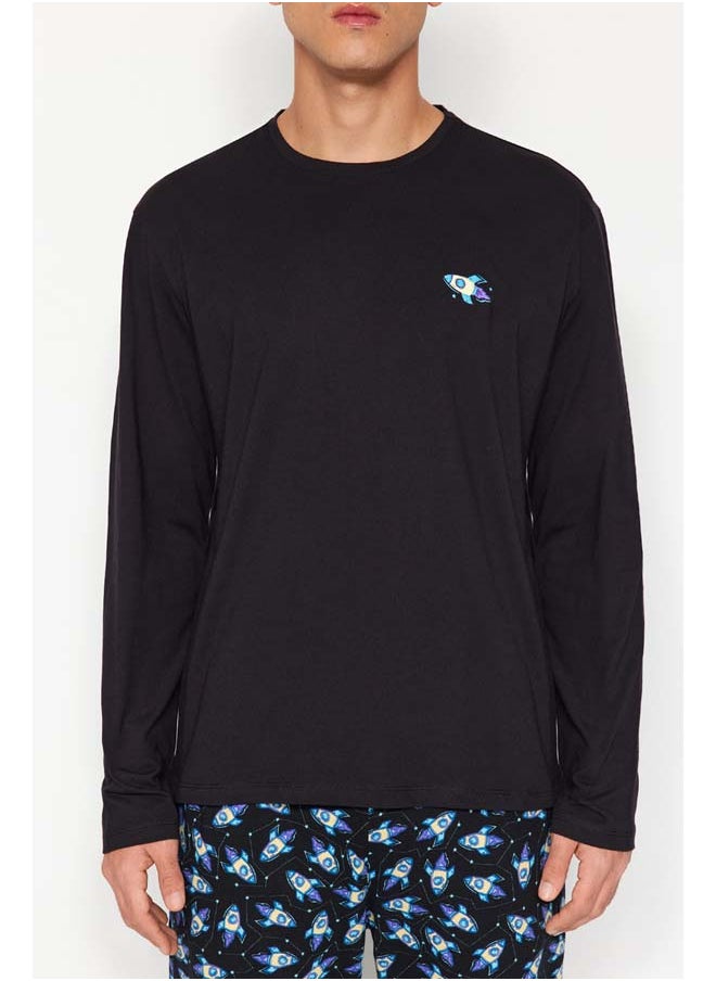 trendyol - Men's Black Printed Regular Fit Knitted 100% Cotton Pajama Set TMNAW24PT00011 - Image 1