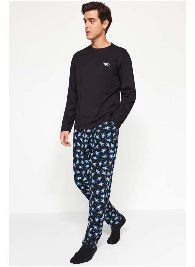 trendyol - Men's Black Printed Regular Fit Knitted 100% Cotton Pajama Set TMNAW24PT00011 - Image 1