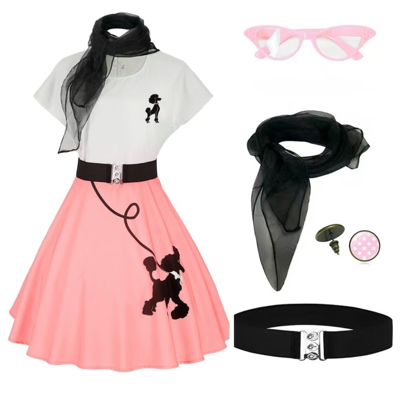 Uezjymi 1950s Poodle Skirts Sock hop Outfits Women 50s Poodle Dress with Belt Glasses Earrings and Scarf(Z3755PK,S) - Image 1