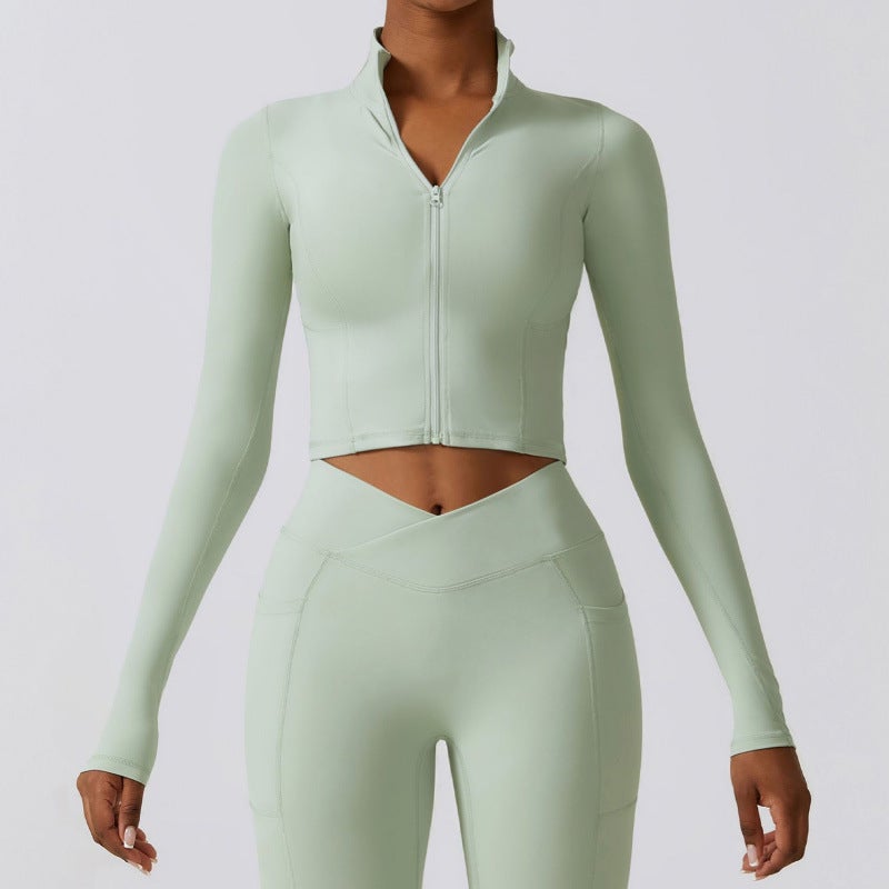 Generic Winter Quick-drying Long-sleeved Yoga Suit Jacket Zipper Running Sports Outer Wear Tight-fitting Naked Fashion Fitness Suit 8355 Gray bean green [78% nylon + 22% spandex] 