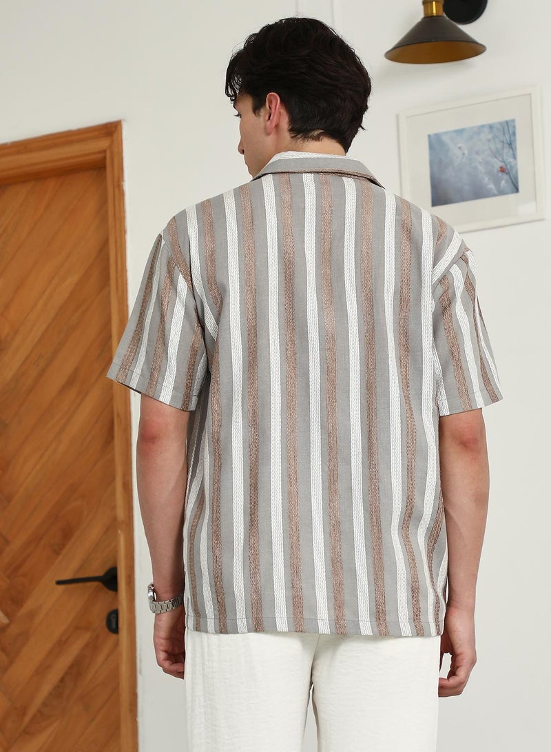 Campus Sutra Men's Striped Cotton Blend Cuban Collar Shirt  - Image 5