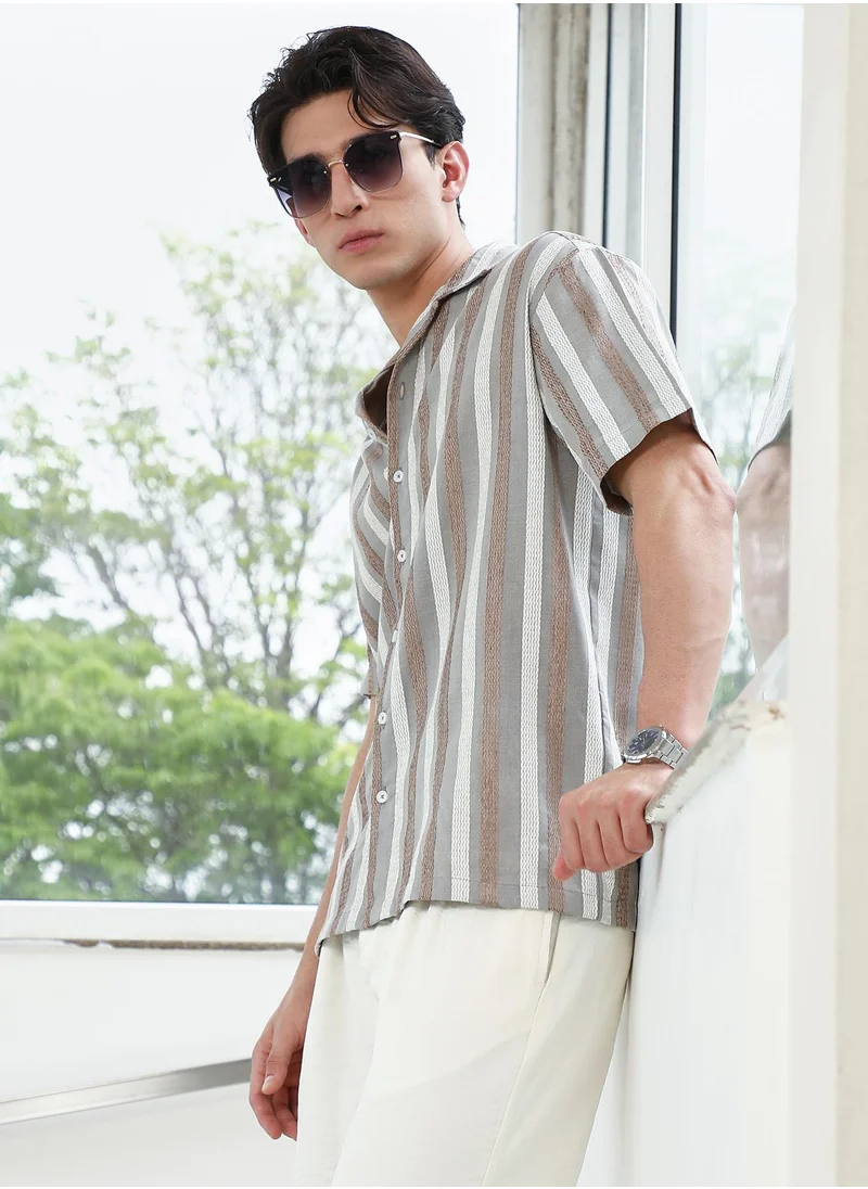 كامبوس سوترا Men's Striped Cotton Blend Cuban Collar Shirt