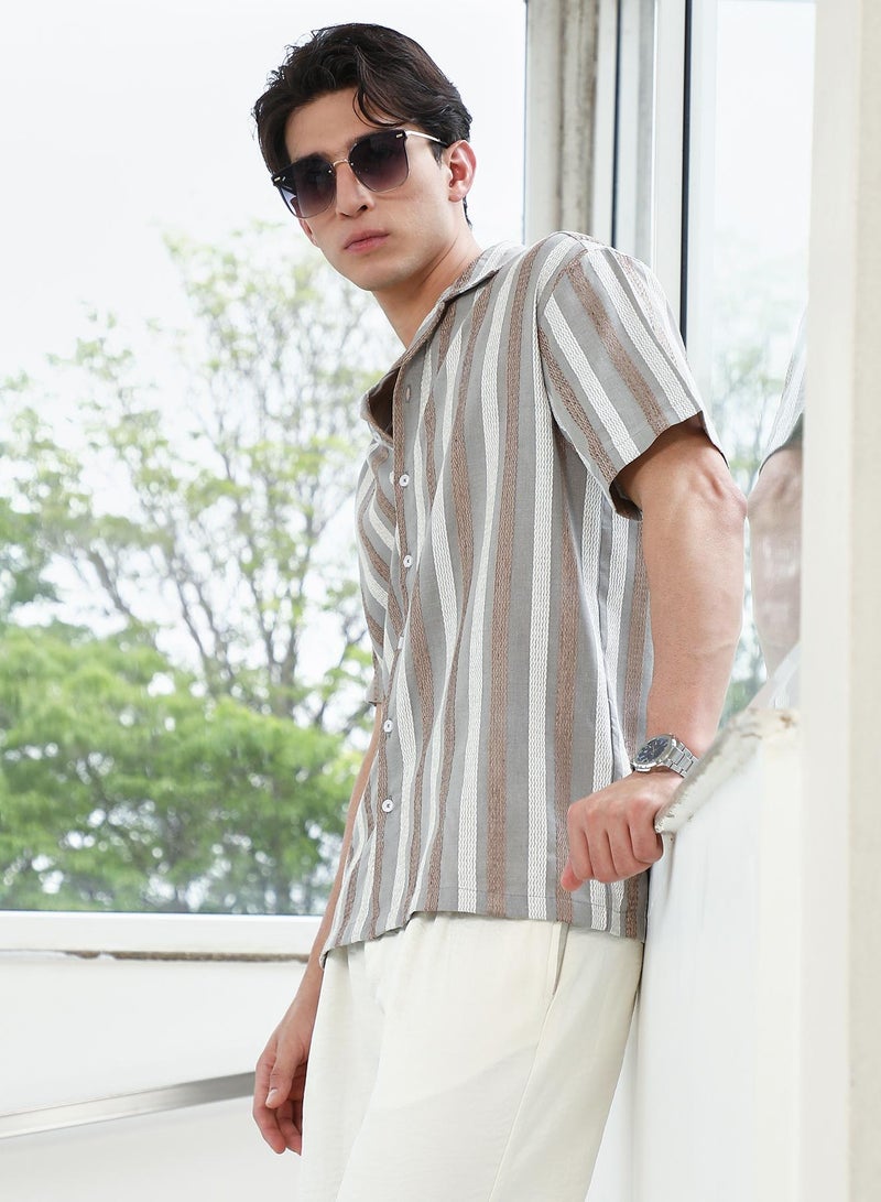 Campus Sutra Men's Striped Cotton Blend Cuban Collar Shirt  - Image 1
