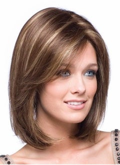 SEVENCOLORS باروكة شعر صناعي قصيرة باللون البني المختلط الأشقر للنساء البيض بطول الكتف مع غرة جانبية وشعر أشقر مستقيم للنساء  - Image 1