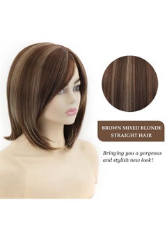 SEVENCOLORS باروكة شعر صناعي قصيرة باللون البني المختلط الأشقر للنساء البيض بطول الكتف مع غرة جانبية وشعر أشقر مستقيم للنساء  - Image 4