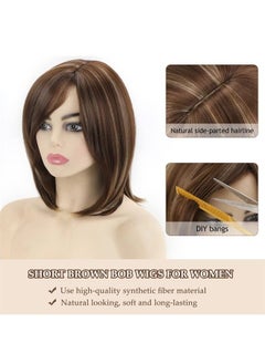SEVENCOLORS باروكة شعر صناعي قصيرة باللون البني المختلط الأشقر للنساء البيض بطول الكتف مع غرة جانبية وشعر أشقر مستقيم للنساء  - Image 3