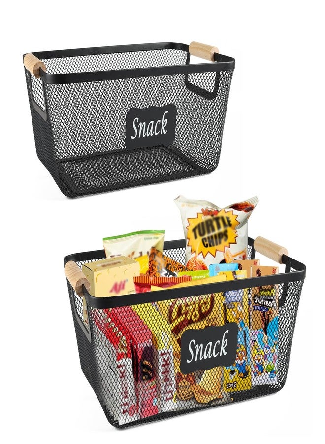 Xbopetda Snack Organizer for Pantry Shelf, 2 Pack Metal Mesh Snack Basket Storage with Wooden Handles, Snack Bin for Snack Bar Station, Kitchen Cabinet Pantry Organizers and Storage - Image 1