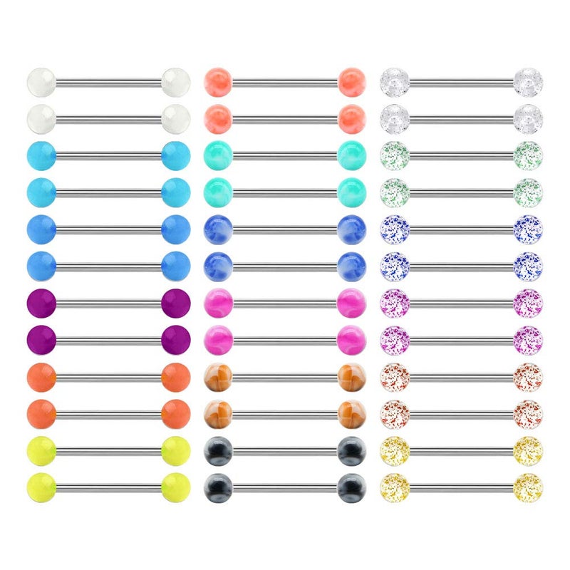 Mayhoop 14G 36Pcs Stainless Steel Nipple Rings Tongue Rings Straight Barbell Bars Piercing 18mm in Length For Women Men