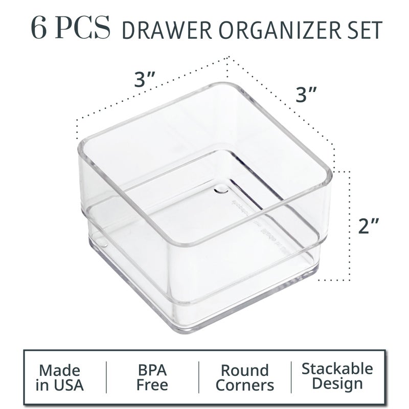 STORi SimpleSort 6-Piece Stackable Clear Drawer Organizer Set | 3" x 3" x 2" Square Trays | Small Makeup Vanity Storage Bins and Office Desk Drawer Dividers | Made in USA - Image 2