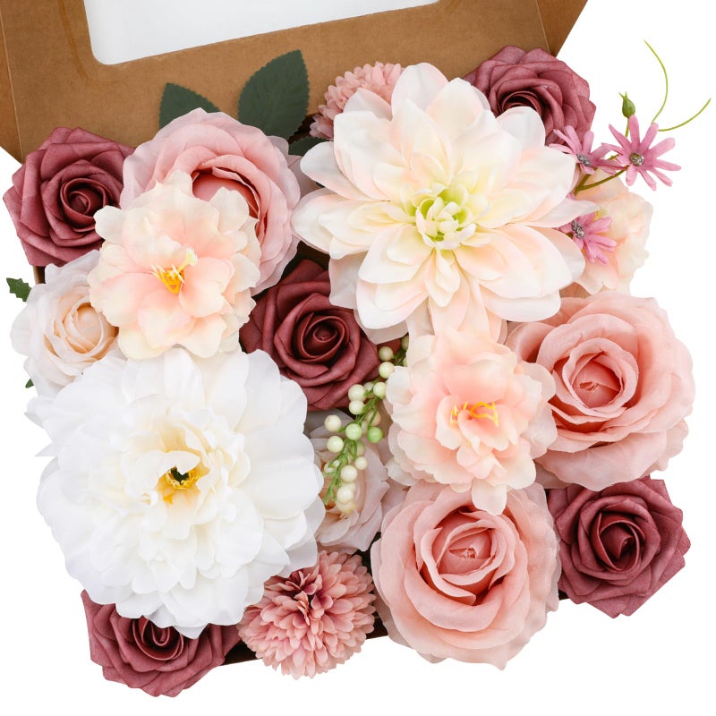 Floweroyal Artificial Flowers Combo Pink Flowers Mix Silk Flowers Dahlia Roses with Stems for DIY Wedding Bridal Bouquets, Baby Shower, Floral Arrangement, Table Centerpieces, Home Decorations - Image 1