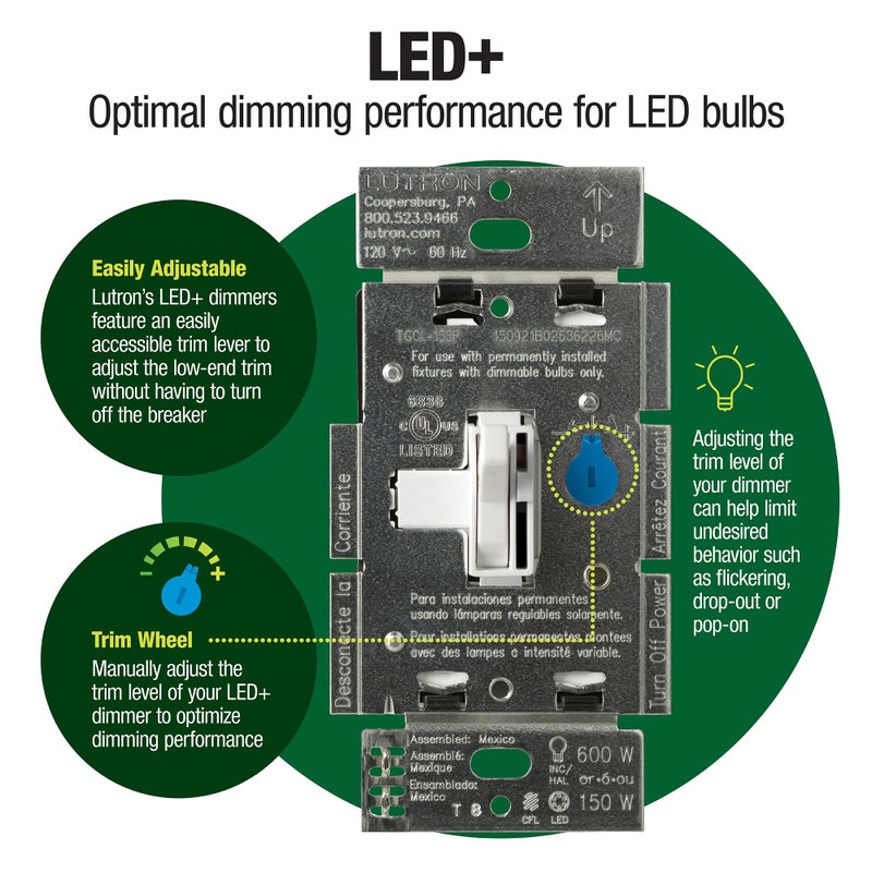 Lutron Ariadni/Toggler LED+ Dimmer | 150-Watt, Single-Pole/3-Way | AYCL-153P-WH | White - Image 2