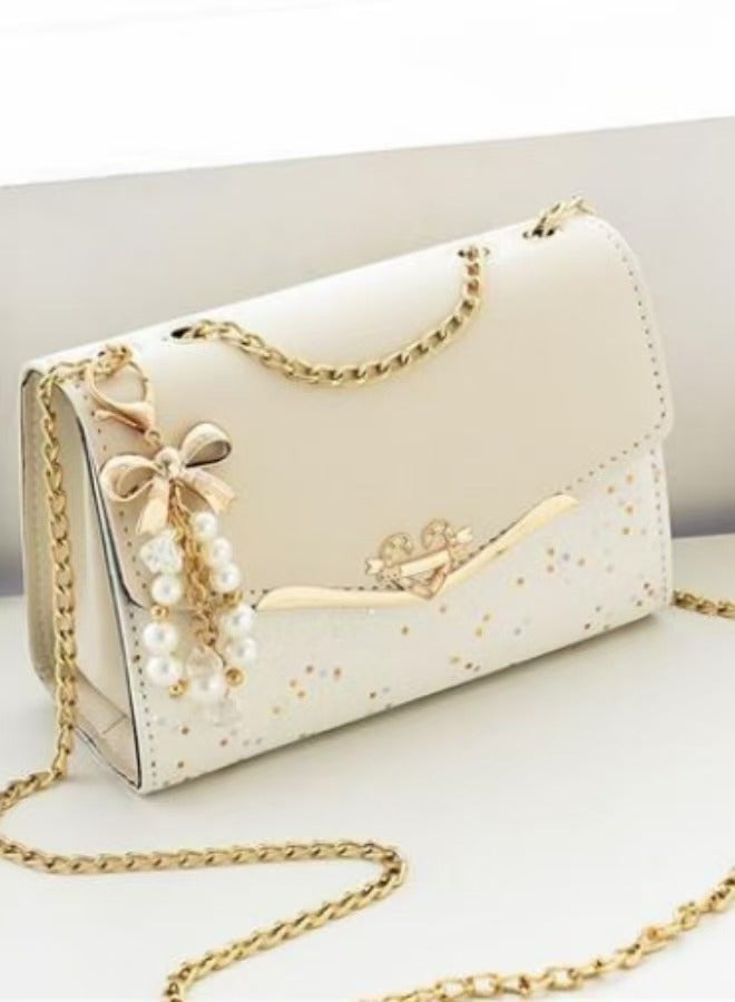 Starlit Charm White PU Shoulder Bag – With Pearl Pendant & Gold Chain - Image 2