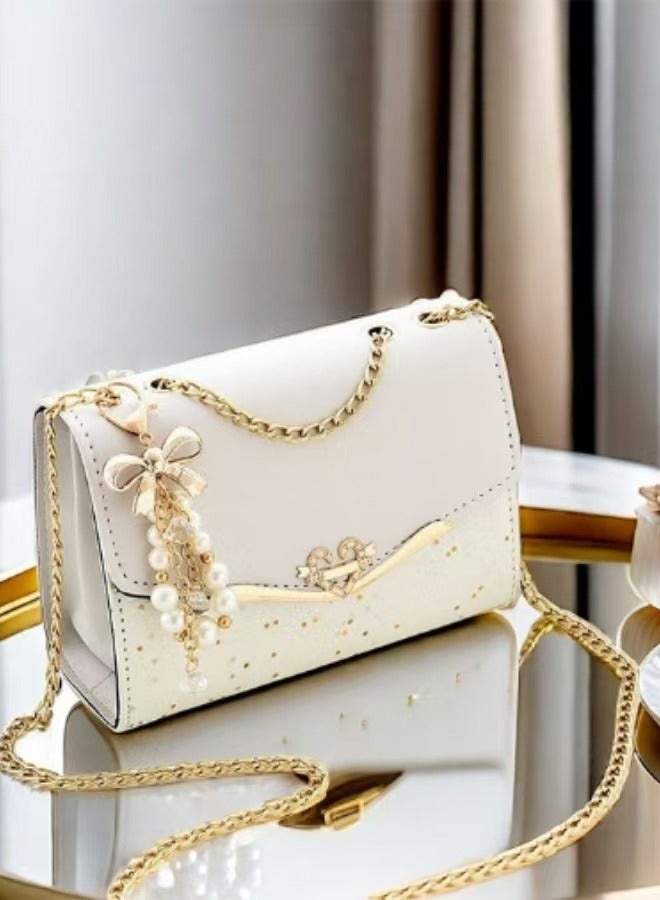 Starlit Charm White PU Shoulder Bag – With Pearl Pendant & Gold Chain - Image 5