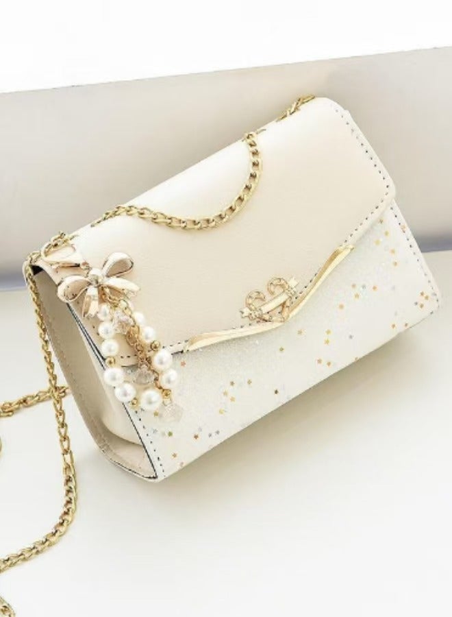 Starlit Charm White PU Shoulder Bag – With Pearl Pendant & Gold Chain - Image 1