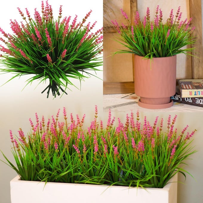 12 Bundles Artificial Plants Outdoor Fake Monkey Grass with Flowers for Pot Garden Verandah Decor Pink Flowers