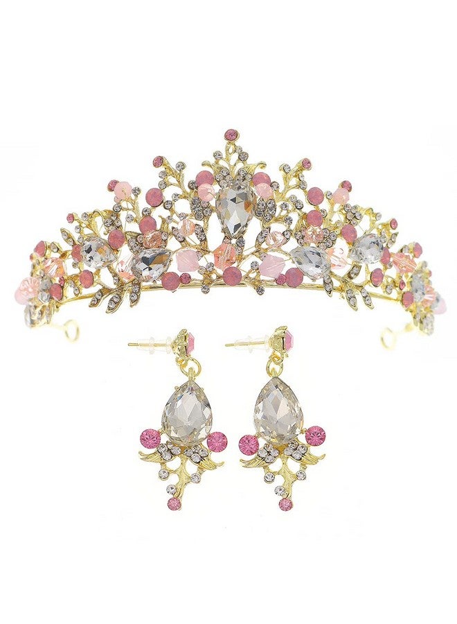 HapiBuy Queen Tiaras Flower Wedding Crowns With Earrings Baroque Princess Pink Rhinestone Headpiece For Women Bridal Hair Accessories For Party - Image 1